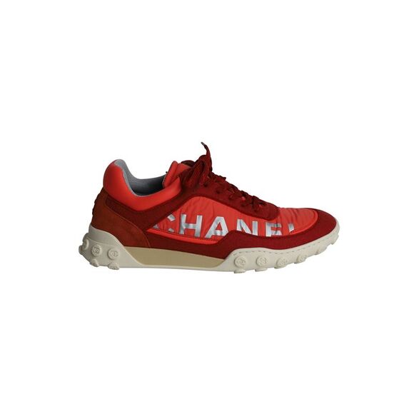 Chanel CC Logo Low Top Sneakers in Red and Neon Orange Leather and Fabric - Picture 1 of 12